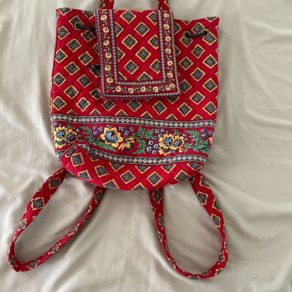 Vera Bradley Vintage Backpack Tote Red Diamond Floral Quilted Bag Made in USA